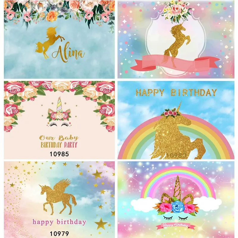 

SHUOZHIKE Art Fabric Unicorn Photography Backdrop Rainbow Birthday Newborn Banner Flower Party Studio Background 210519-55