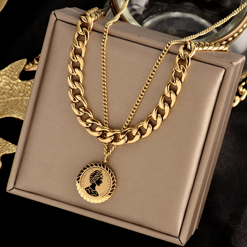 Colorfast 316L stainless steel two-layer necklace, exquisite Elizabeth pendant, light luxury retro fashion women's gift jewelry
Colorfast 316L stainless steel two-layer necklace, exquisite Elizabeth pendant, light luxury retro fashion women's gift jewelry