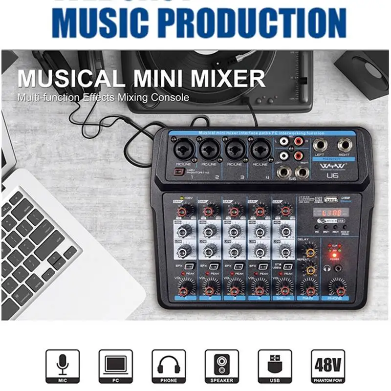 Миниатюрная звуковая микшерная консоль 2/4 каналов карта bluetooth миксер USB mp3 плеер