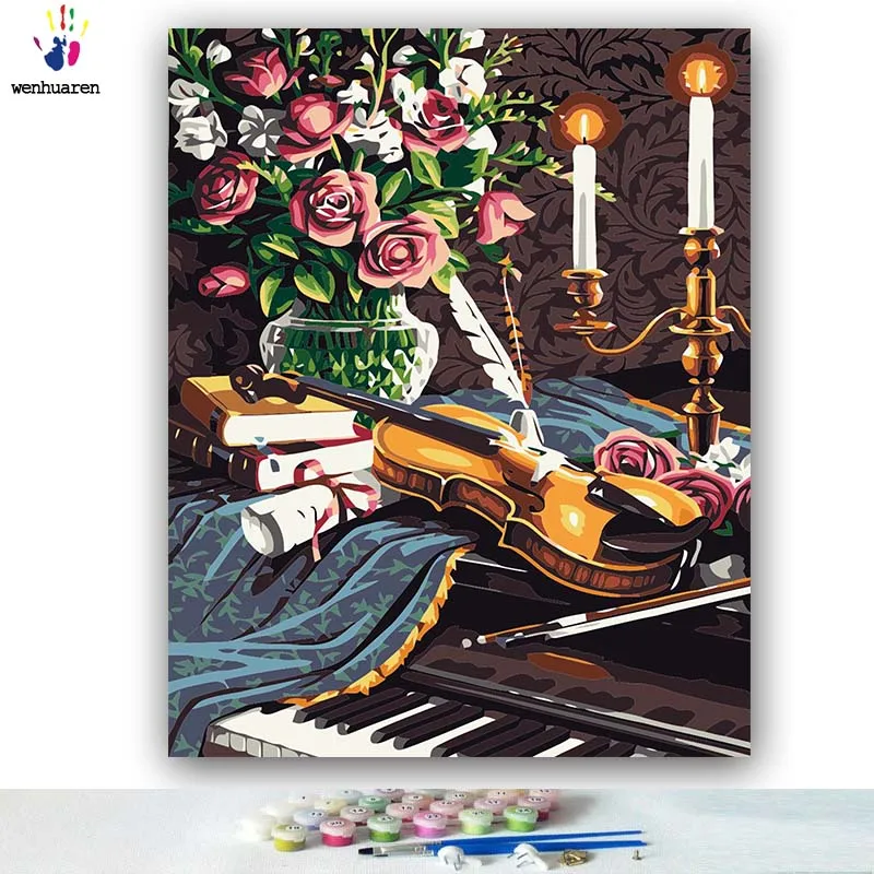 

DIY картинки для раскраски по номерам с цветами фортепиано гитара Цветы Картина Рисование по номерам в рамке дома