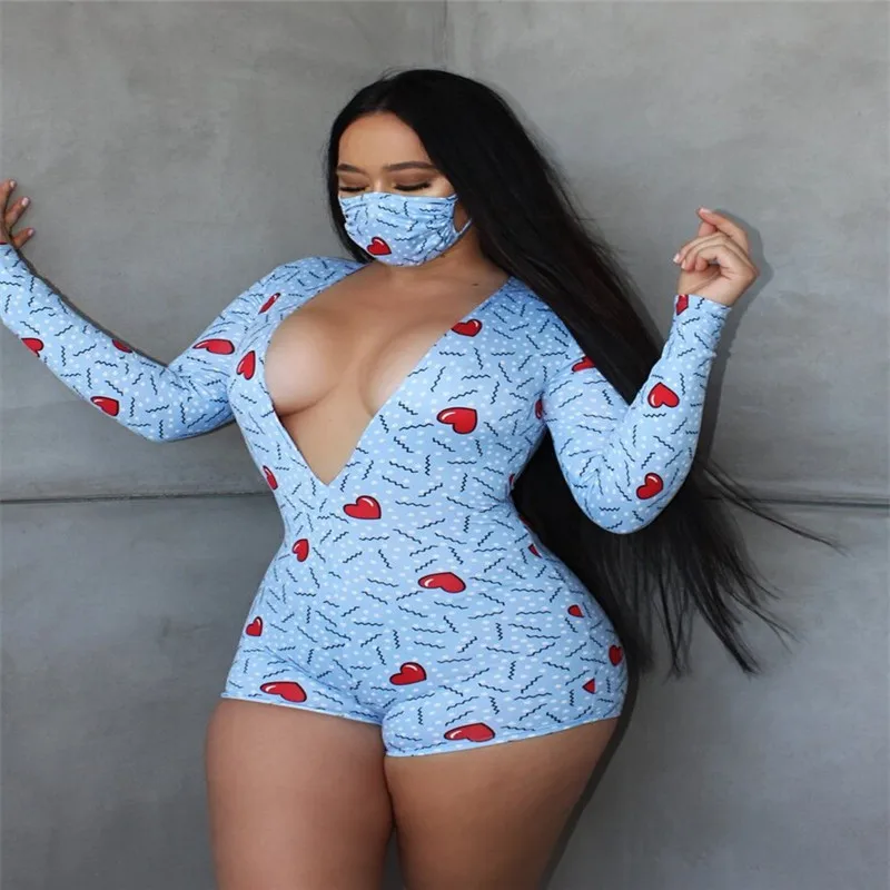 

Sexy Lady Deep V Neck Pajama Bodysuit Women Long Sleeve Heart Print Bodycon Playsuits Sleepwear Home Causal Beachwear With Mask