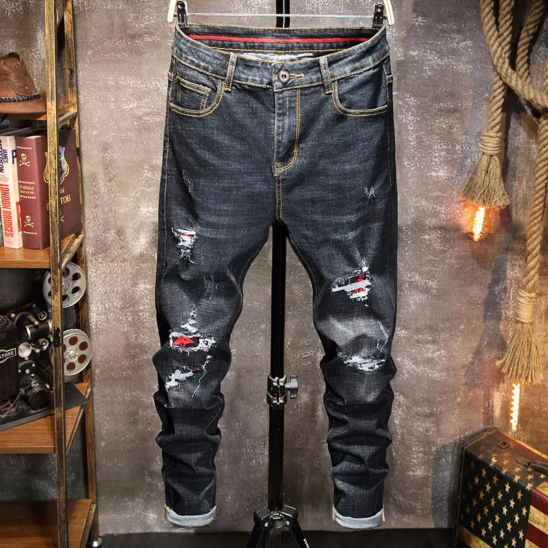 

Stretch Slim Men's New Grey Jeans Punk Hole Red Patch Pants Ripped Skinny Tore Up Jeans for Men Fashion Ankle Pants Streetwear