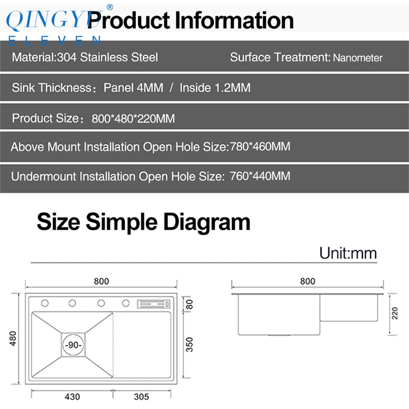 QINGYU ELEVEN Stepped Nanometer Sink 4mm Thickness 220mm Depth 304 Stainless Steel Luxury Handmade Stepped Kitchen Sinks
QINGYU ELEVEN Stepped Nanometer Sink 4mm Thickness 220mm Depth 304 Stainless Steel Luxury Handmade Stepped Kitchen Sinks