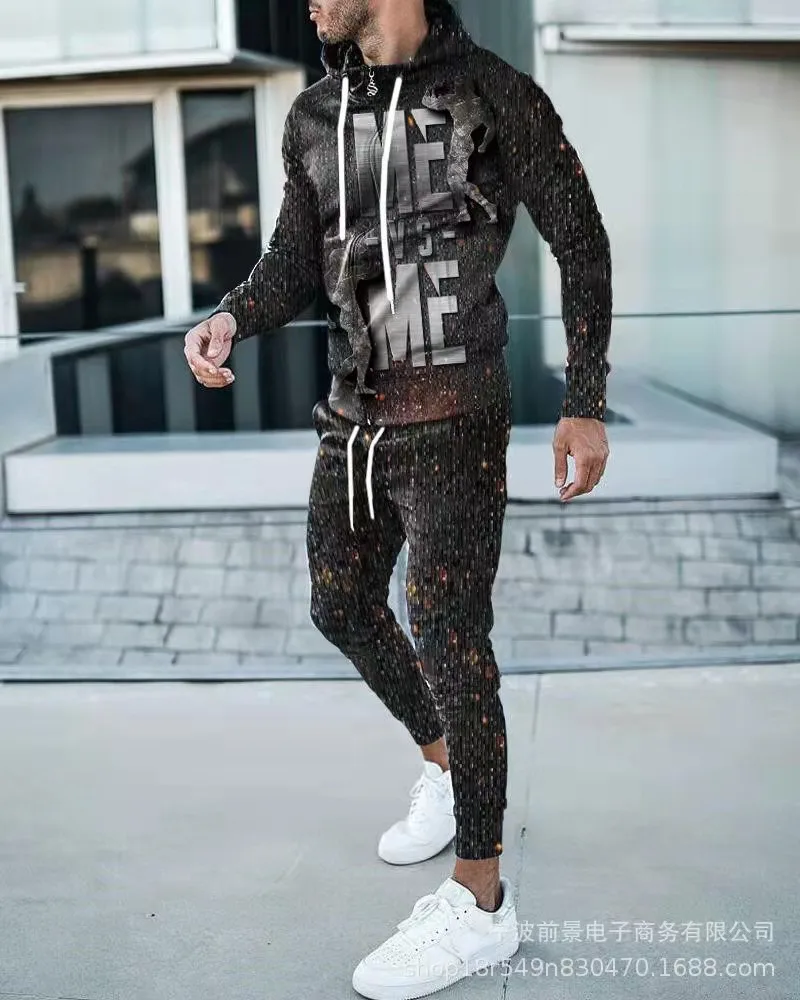 Мужской костюм для отдыха спортивный осенне-зимний свитер с капюшоном 3D принтом