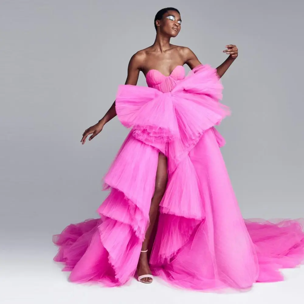 Chic Newest Fuchsia Tulle Prom Gowns Ruffles Sexy Split A-line Long Formal Event Party Dresses Off The Shoulder
Chic Newest Fuchsia Tulle Prom Gowns Ruffles Sexy Split A-line Long Formal Event Party Dresses Off The Shoulder