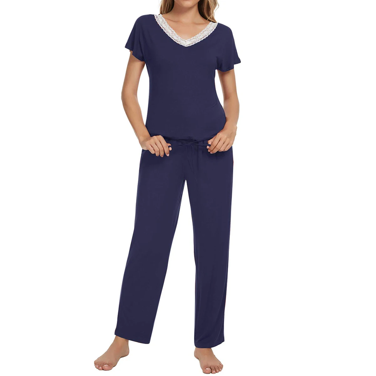 Women's Pyjama Sets V Neck Solid Color Lace Long Short Sleeve Two Types Ladies Home Clothes Casual Female Nightgown 
Women's Pyjama Sets V Neck Solid Color Lace Long Short Sleeve Two Types Ladies Home Clothes Casual Female Nightgown