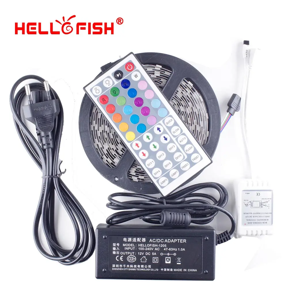 

Hello Fish 5M 5050 300 SMD RGB Flexible LED Strip Light and 44 Keys IR Remote Controller +12V 5A 60W Power Adapter Kit