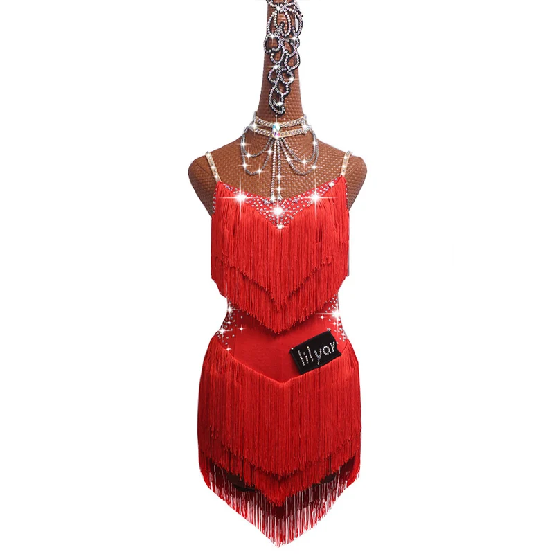 Платье для латиноамериканских танцев с юбкой кисточками разные цвета красный