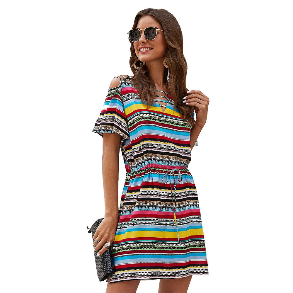Summer and autumn round neck long short sleeved dress color stripe dress leisure elegant dress
Summer and autumn round neck long short sleeved dress color stripe dress leisure elegant dress