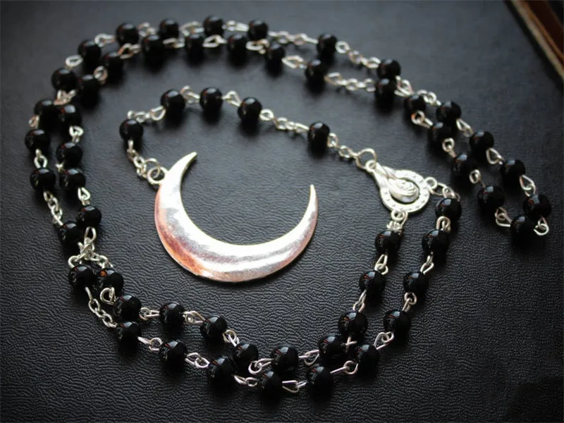 

Long Gothic Crescent Moon Necklace.Spirit Moon Rosary Necklace Wicca Pagan Rosary Black Beads Charm Jewelry
