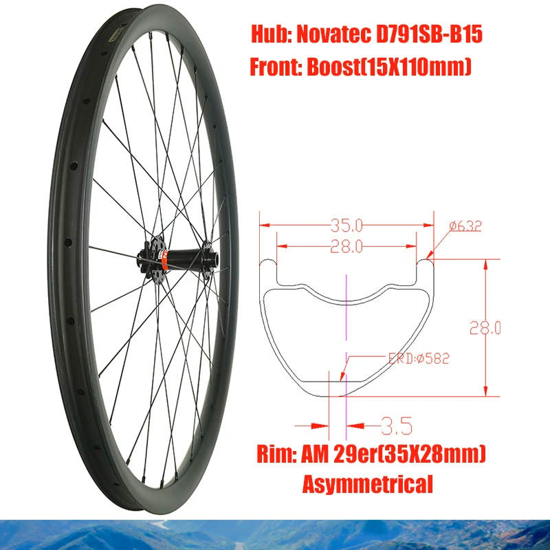 29er MTB AM 35*28mm Front Carbon Wheel Asymmetrical 24 28 32Hole Rim 35 wide 28 deep Novatec D791SB-B15 Boost Hub TB2015 Spokes
29er MTB AM 35*28mm Front Carbon Wheel Asymmetrical 24 28 32Hole Rim 35 wide 28 deep Novatec D791SB-B15 Boost Hub TB2015 Spokes