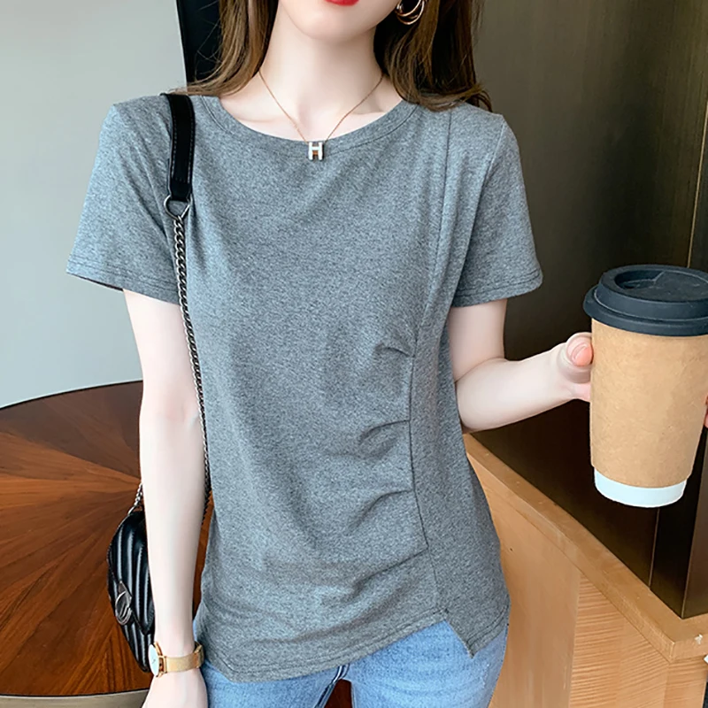 Korean Fashion Women T Shirt Summer Short Sleeve Solid Irregular Cotton T Shirts Casual Tees Elegant Female Folds Tops White
Korean Fashion Women T Shirt Summer Short Sleeve Solid Irregular Cotton T Shirts Casual Tees Elegant Female Folds Tops White