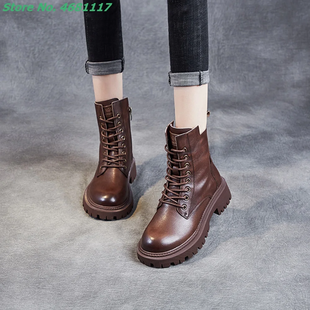 Genuine Leather Outfit Platform Ankle Boots Front Lace Med Heels Side Zipper Sewing Martin Shoes Round Toe Fashion European
Genuine Leather Outfit Platform Ankle Boots Front Lace Med Heels Side Zipper Sewing Martin Shoes Round Toe Fashion European