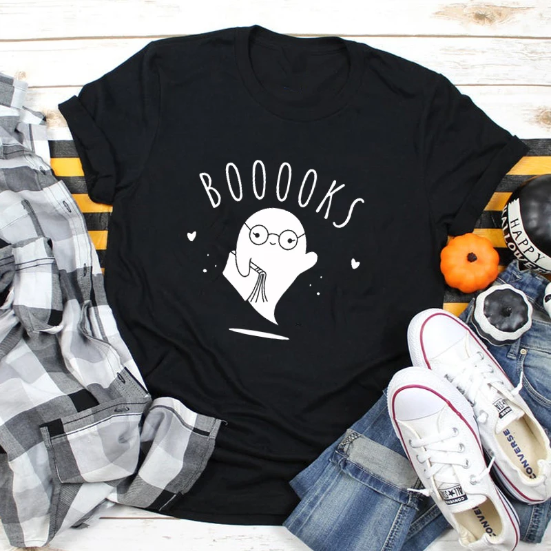 Футболка Booooks из 100% хлопка с изображением призрака забавный подарок на Хэллоуин