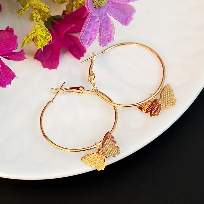 European Punk Rock Girls Gold Color Hollow Circle Hoop Earring Butterfly Drop Earrings Ear Jewelry Diy for Women | Украшения и