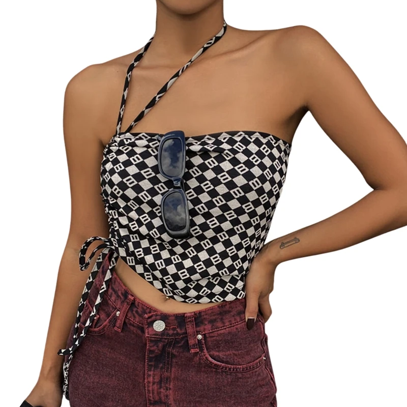 Women's Letter Plaid Printing Vest, Oblique Halter Neck Crop Tops, Sleeveless Navel Pullover
Women's Letter Plaid Printing Vest, Oblique Halter Neck Crop Tops, Sleeveless Navel Pullover
