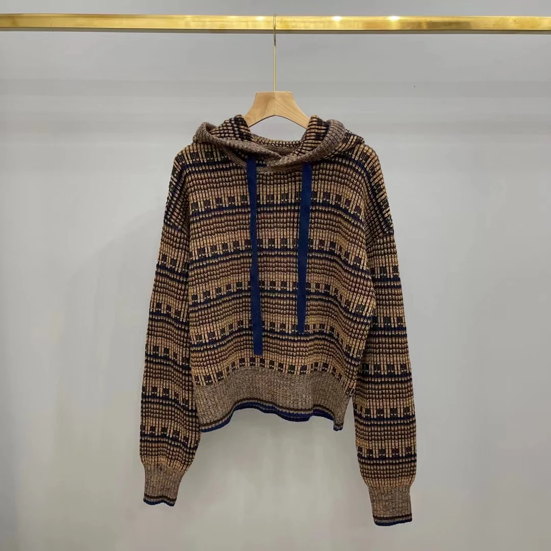 High Quality Women Fashion Autumn Winter Vintage Striped Loose Jacquard Wool Hooded Sweater Hoodie
High Quality Women Fashion Autumn Winter Vintage Striped Loose Jacquard Wool Hooded Sweater Hoodie
