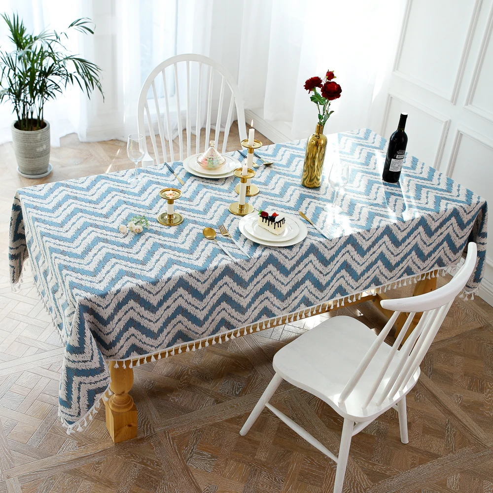

Geometry Striped Waves Decor Tablecloth With Tassel Dust-Proof Rectangular Wedding Dining Table Cover Home Fabric Tea Cloth
