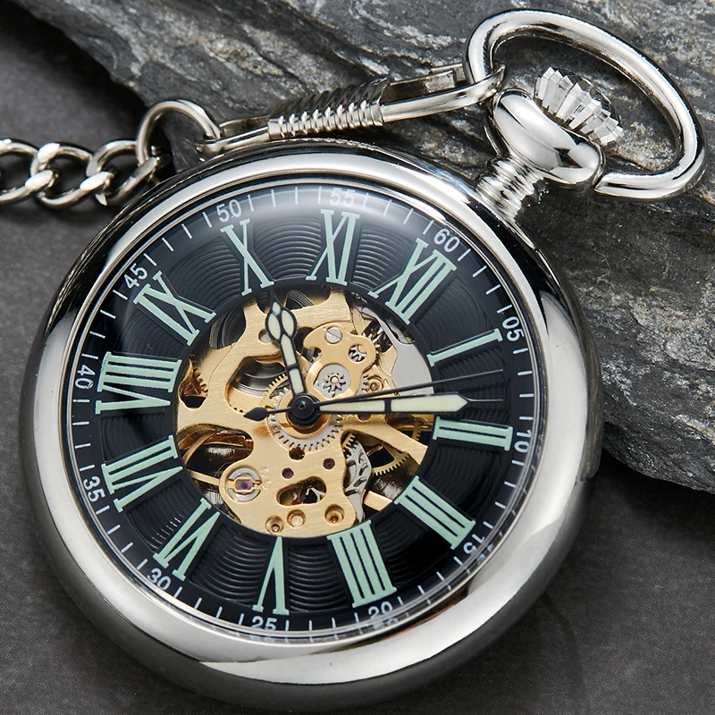 Silver Mechanical Pocket Watch Hand-winding Clock Fob Chain Watch Men Hollow Steampunk Roman Numbers Clock reloj de bolsillo
Silver Mechanical Pocket Watch Hand-winding Clock Fob Chain Watch Men Hollow Steampunk Roman Numbers Clock reloj de bolsillo