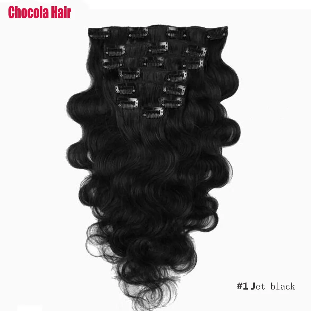 

Chocola 16"-28" 7pcs Set 100g-140g Brazilian Machine Made Remy Clips In Human Hair Extensions Natural Body Wavy Full Head