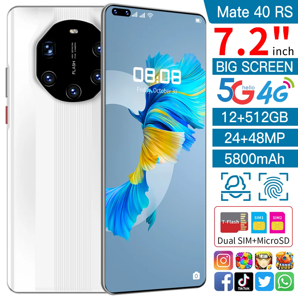 Mate40 RS Smartphone 5G HUAVVEI Snapdragon865 Face Unlock Fingerprint ID Mobile Phone 12G 512G Deca Core 5800mAh 7.2Inch Phone
Mate40 RS Smartphone 5G HUAVVEI Snapdragon865 Face Unlock Fingerprint ID Mobile Phone 12G 512G Deca Core 5800mAh 7.2Inch Phone