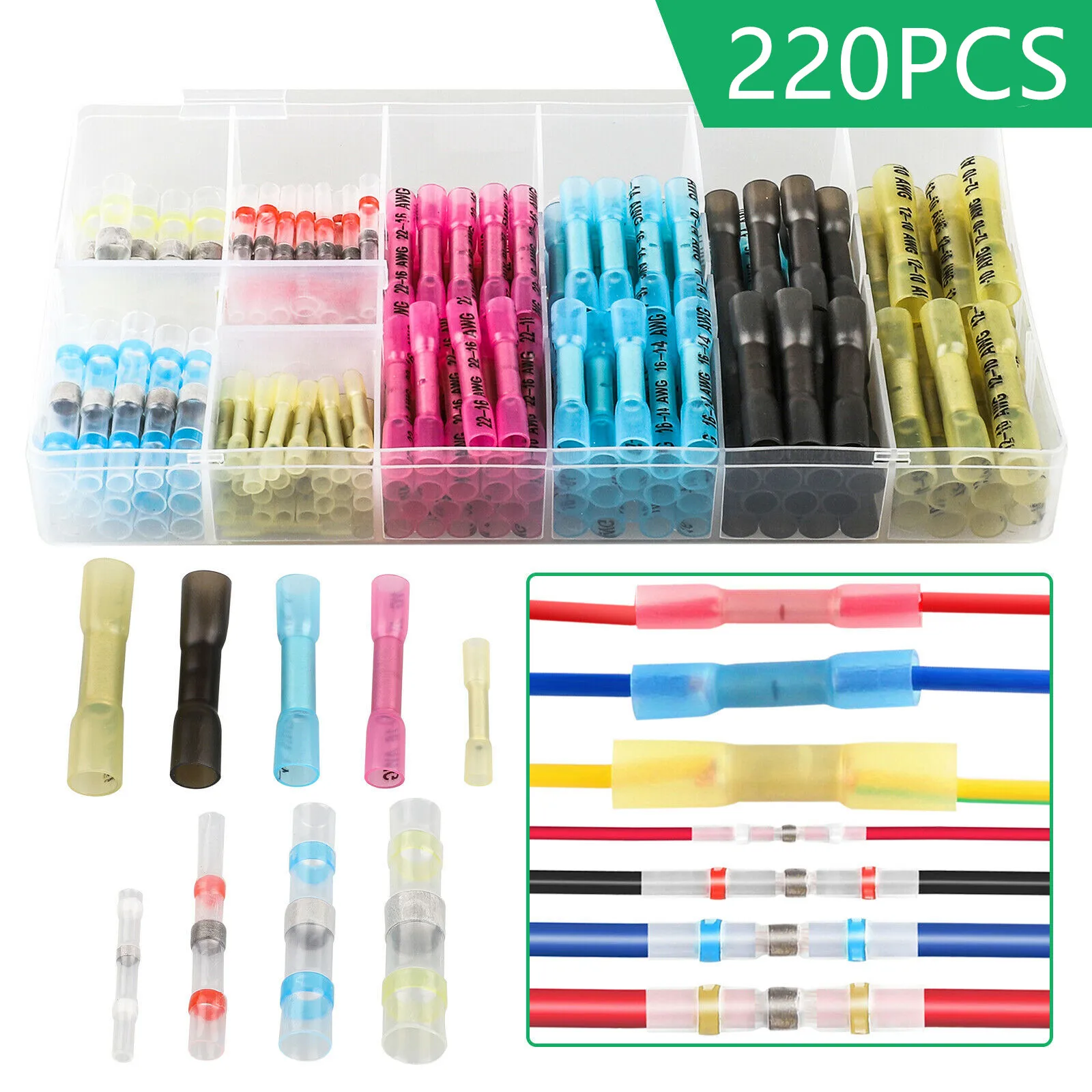 

220PCS Waterproof Heat Shrink Wire Connectors Electrical Insulated Solder Seal Connector Terminals 9 Sizes Assorted With Box