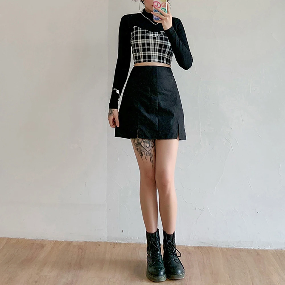 Sweet Plaid and Black Crop Tops Streetwear Two Piece Outfit Turtleneck Long Sleeve T-shirts 90s Vintage Tees
Sweet Plaid and Black Crop Tops Streetwear Two Piece Outfit Turtleneck Long Sleeve T-shirts 90s Vintage Tees