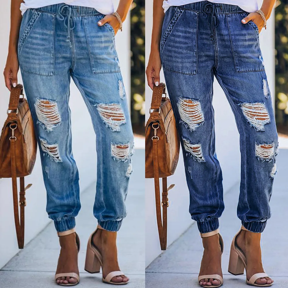 

Женские модные джинсы на шнурке с эластичным поясом, рваные зауженные джинсовые брюки, повседневные потертые джинсовые брюки, брюки