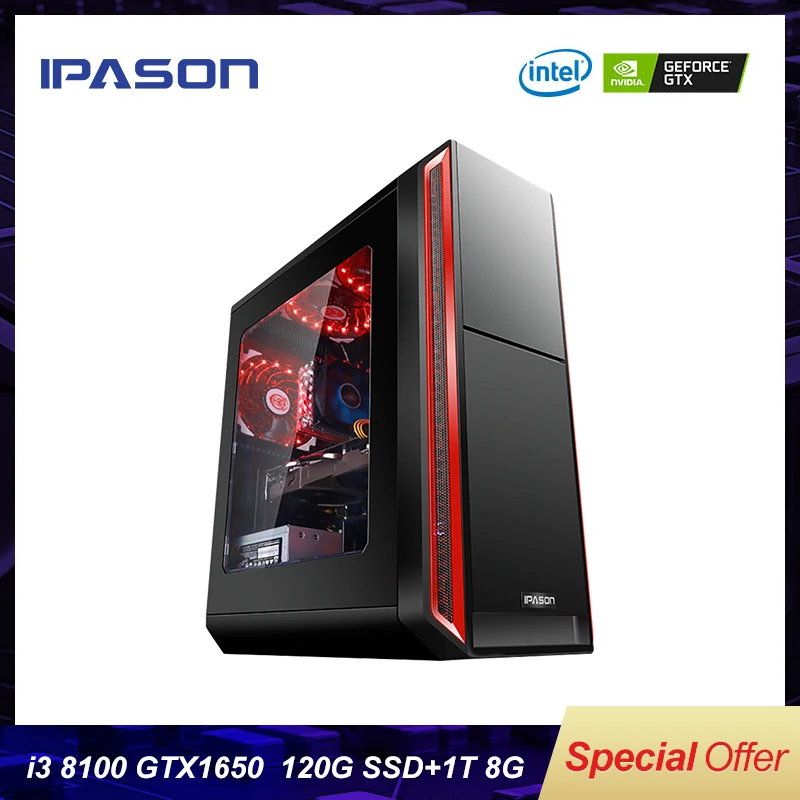 IPASON Intel 4 ядерный игровой ПК i3 8100 последний Gen выделенная карта 1650 4G DDR4 8G ram 1 T + 120 GSSD