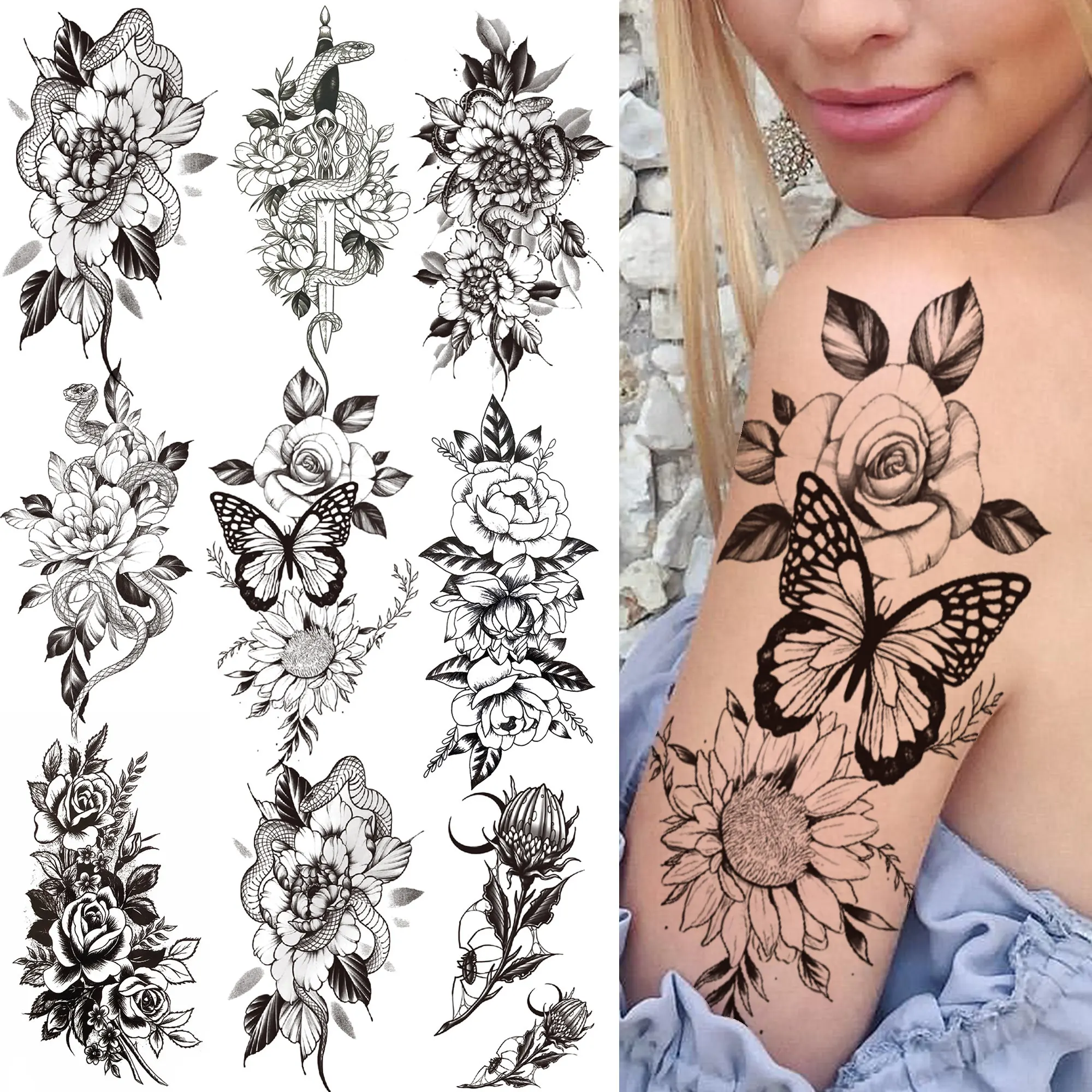 Sun Flower Butterfly Temporary Tattoo For Women Girls Black Snake Peony Tattoos Sticker Fake Anemone Orchid Sexy Tatoos Forearm
Sun Flower Butterfly Temporary Tattoo For Women Girls Black Snake Peony Tattoos Sticker Fake Anemone Orchid Sexy Tatoos Forearm