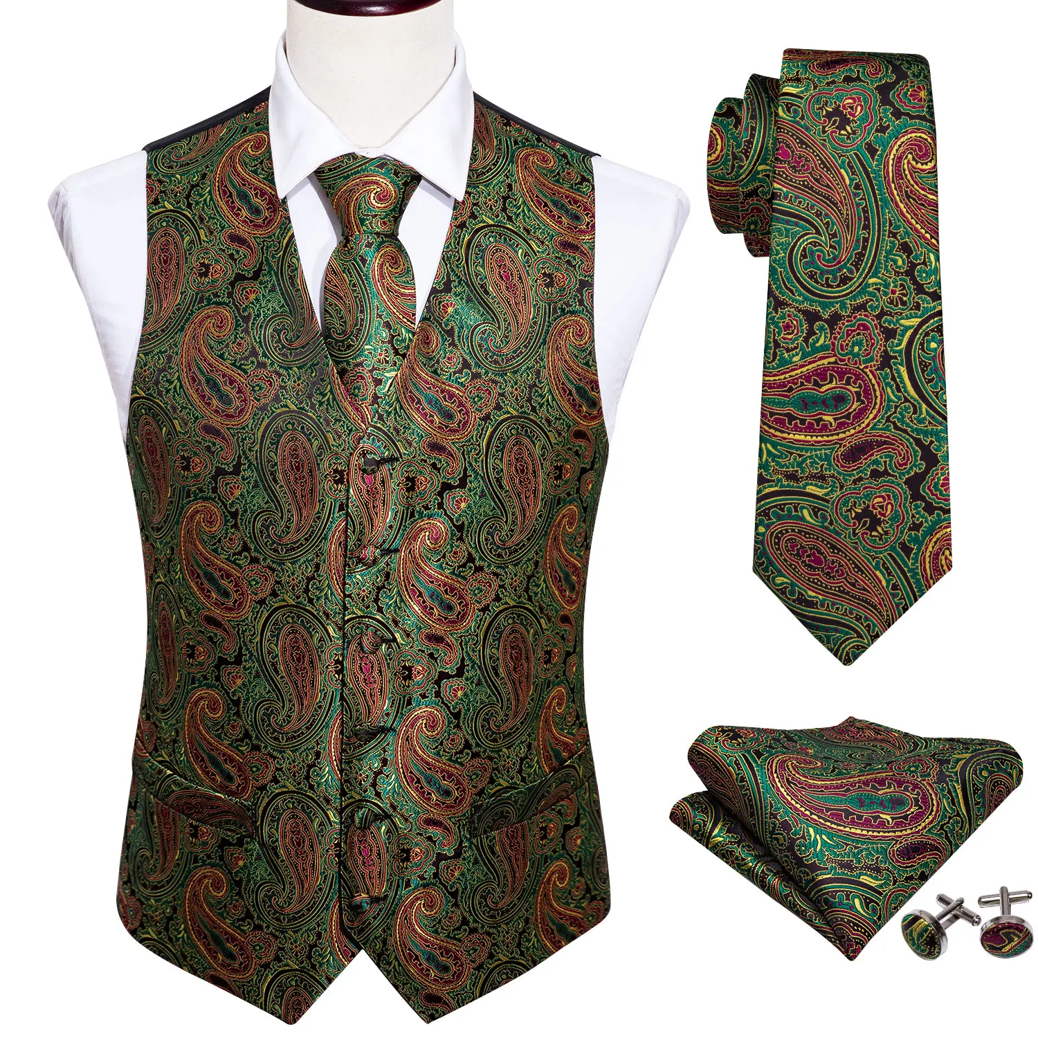 4PC Mens Silk Vest Party Wedding Green Paisley Solid Floral Waistcoat Vest Pocket Square Tie Slim Suit Set Barry.Wang BM-2015
4PC Mens Silk Vest Party Wedding Green Paisley Solid Floral Waistcoat Vest Pocket Square Tie Slim Suit Set Barry.Wang BM-2015