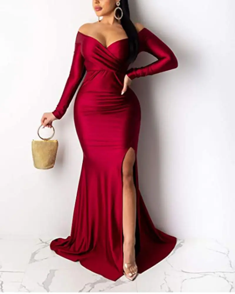 Burgundy Slash Collar Dresses Women Sexy Party Split Dress Long Sleeve High Waist Bodycon Solid Color Fashion Dress
Burgundy Slash Collar Dresses Women Sexy Party Split Dress Long Sleeve High Waist Bodycon Solid Color Fashion Dress