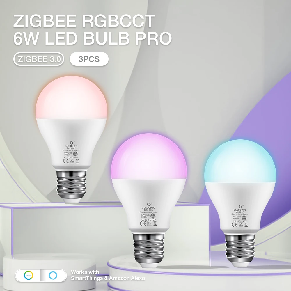 

3PCS Zigbee 3.0 Gledopto RGBCCT 6W LED Light Bulb Pro E26/ E27 Color Changing For Indoor Decoration Bedroom Living Room Kitchen