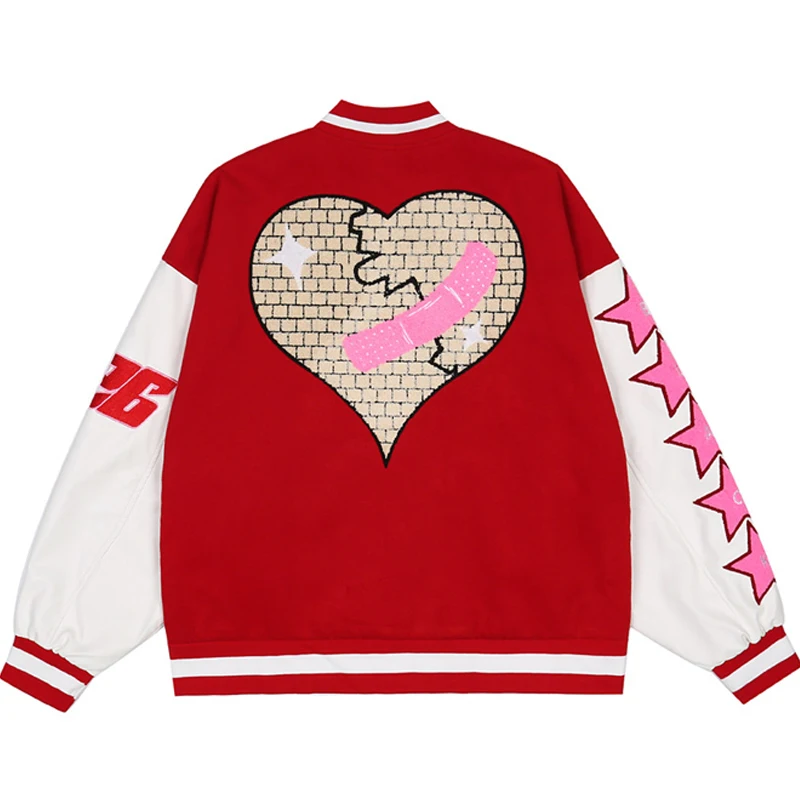 Men Heart Embroidery Varsity Jacket Aerican Stars Flocking Color Matching Baseball Uniform Couple Black Red Splicing Loose Coat
Men Heart Embroidery Varsity Jacket Aerican Stars Flocking Color Matching Baseball Uniform Couple Black Red Splicing Loose Coat