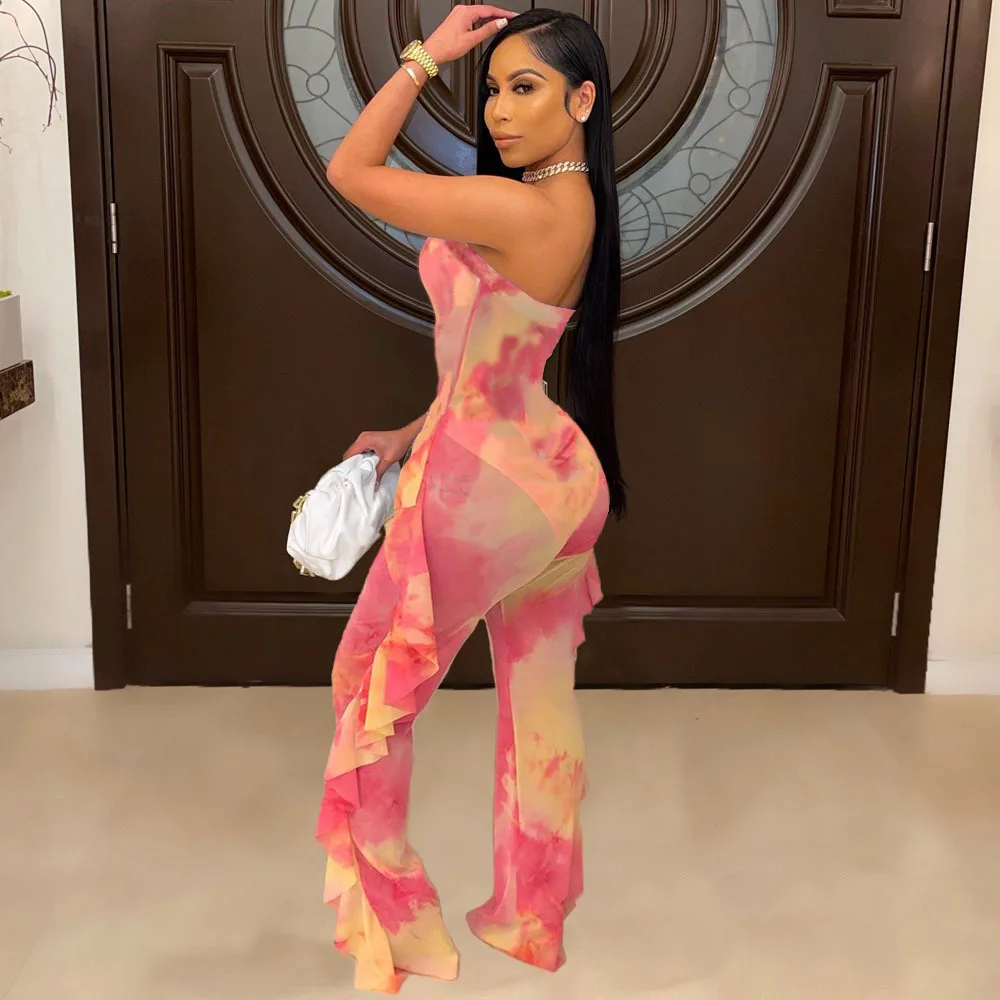 Women Strapless Printed Ruffle Design Bodycon Wide Leg Jumpsiuts 
Women Strapless Printed Ruffle Design Bodycon Wide Leg Jumpsiuts