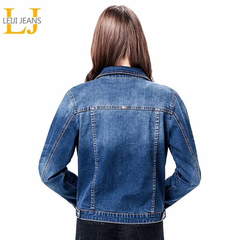

2021 LEIJIJEANS Women Plus Size 6XL long basical jeans jacket coat Bleach Full Sleeves Single Breast Slim Women Denim Jacket