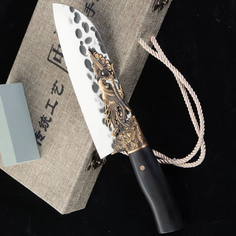

Longquan Knife Japanese Santoku Knife Copper Phoenix Decor 8 Inch Barbecue Slicing Cleaver Sushi Handmade Forged Kitchen Knife