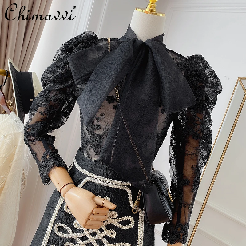 Fashion Bowknot Lace-up Bottoming Shirt Women's Temperament Mesh Embroidered Lace Top 2021 Spring Autumn Short Elegant Blouses
Fashion Bowknot Lace-up Bottoming Shirt Women's Temperament Mesh Embroidered Lace Top 2021 Spring Autumn Short Elegant Blouses