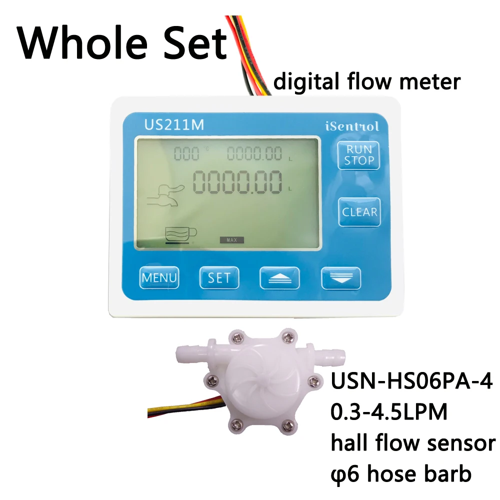 US211M Display with USN-HS06PA-4 Flow Meter Totalizer Flow Measurement 0.3-4.5L/min Range 6mm OD hose barb
US211M Display with USN-HS06PA-4 Flow Meter Totalizer Flow Measurement 0.3-4.5L/min Range 6mm OD hose barb