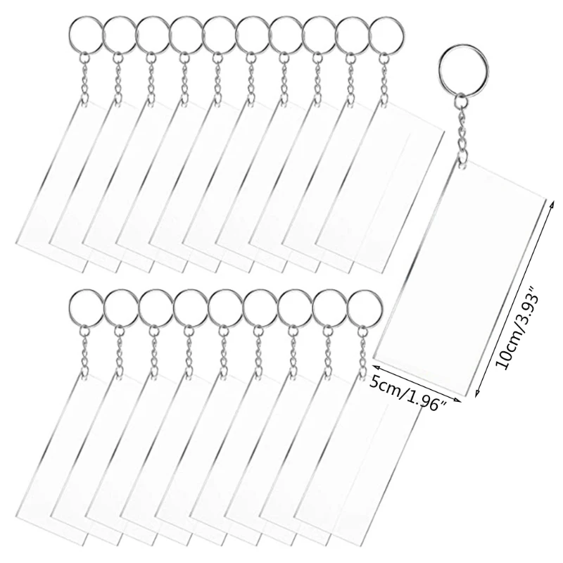 85LF 20 Pcs Rectangle Shape Clear Acrylic Blanks+20 Pcs Keychain Metal Key Rings Kit
