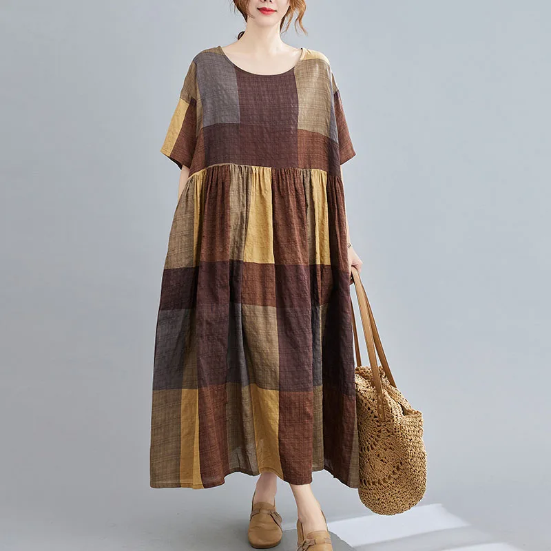 Plus Size 2021 Summer Plaid Cotton Dress Women Oversize Loose Short Sleeve Fashion Maxi Dress Robe Female Bohemian Linen Dresses
Plus Size 2021 Summer Plaid Cotton Dress Women Oversize Loose Short Sleeve Fashion Maxi Dress Robe Female Bohemian Linen Dresses