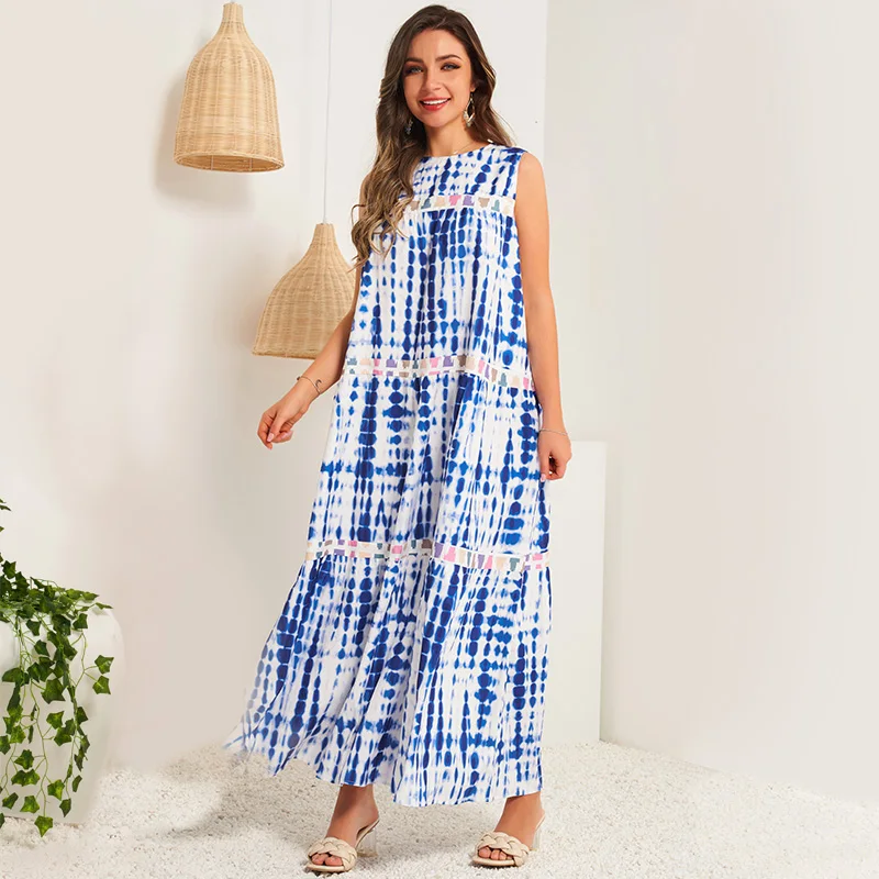 Summer New Women's Style Sleeveless Round Neck Lace Color Matching Slim Round Neck Thin Split Sleeveless Blue Long Women Dresses
Summer New Women's Style Sleeveless Round Neck Lace Color Matching Slim Round Neck Thin Split Sleeveless Blue Long Women Dresses