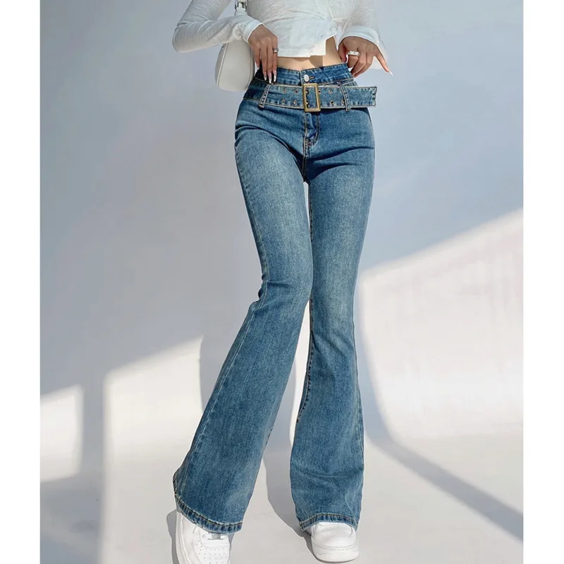 XUXI Women Denim Trousers, Streetwear Vintage High Waist, Fashion Tight Belt Thin Flare Pants, Spring Autumn 2021, E4061 
XUXI Women Denim Trousers, Streetwear Vintage High Waist, Fashion Tight Belt Thin Flare Pants, Spring Autumn 2021, E4061