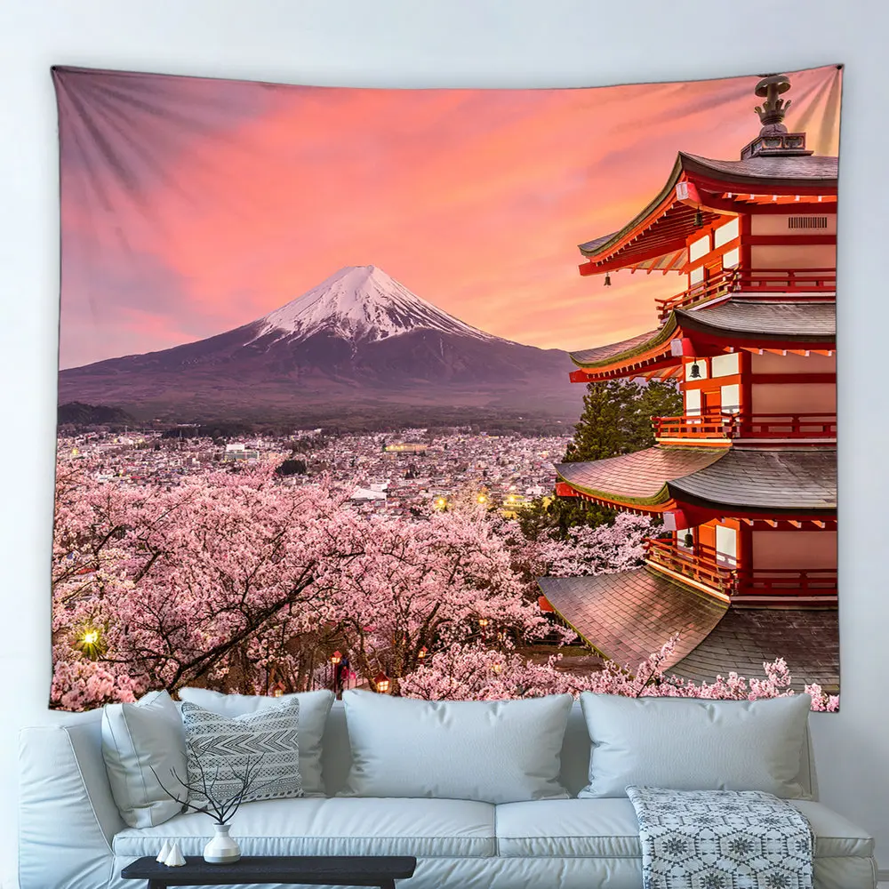 

Japanese Landscape Big Tapestry Mount Fuji Sakura Flower Tower Natural Scenery Wall Hanging Cloth Living Room Bedroom Home Decor