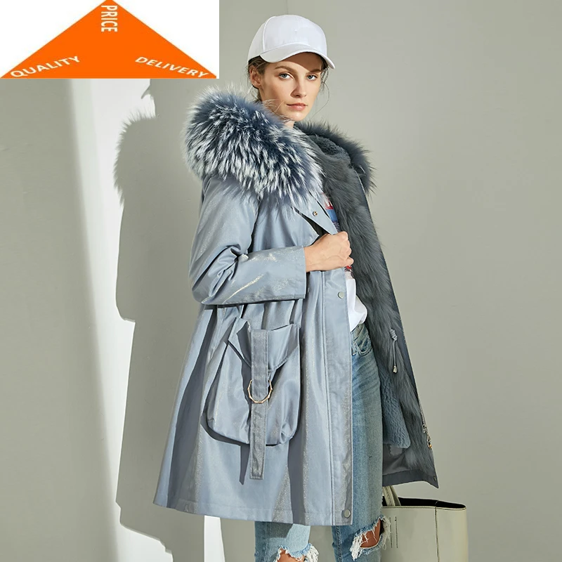 

Женская зимняя куртка с воротником из енота, длинная парка с натуральным кроличьим мехом, Женская куртка 2020 LWL9270