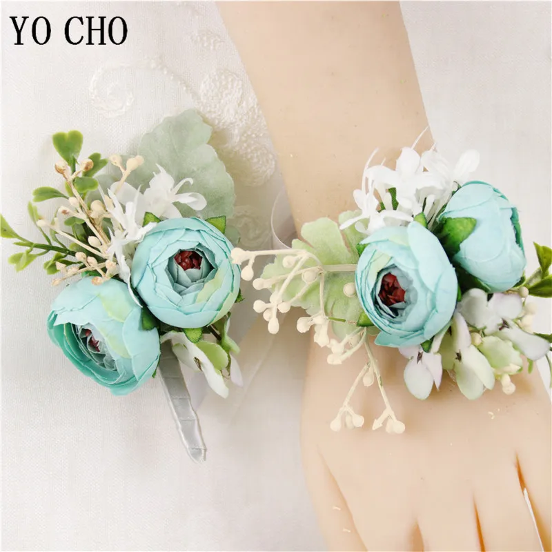 

YO CHO Artificial Flowers Corsage Pin Boutonniere Buttonhole Men Sister Brooches Wedding Wrist Bracelet Bridesmaids Hand Flowers