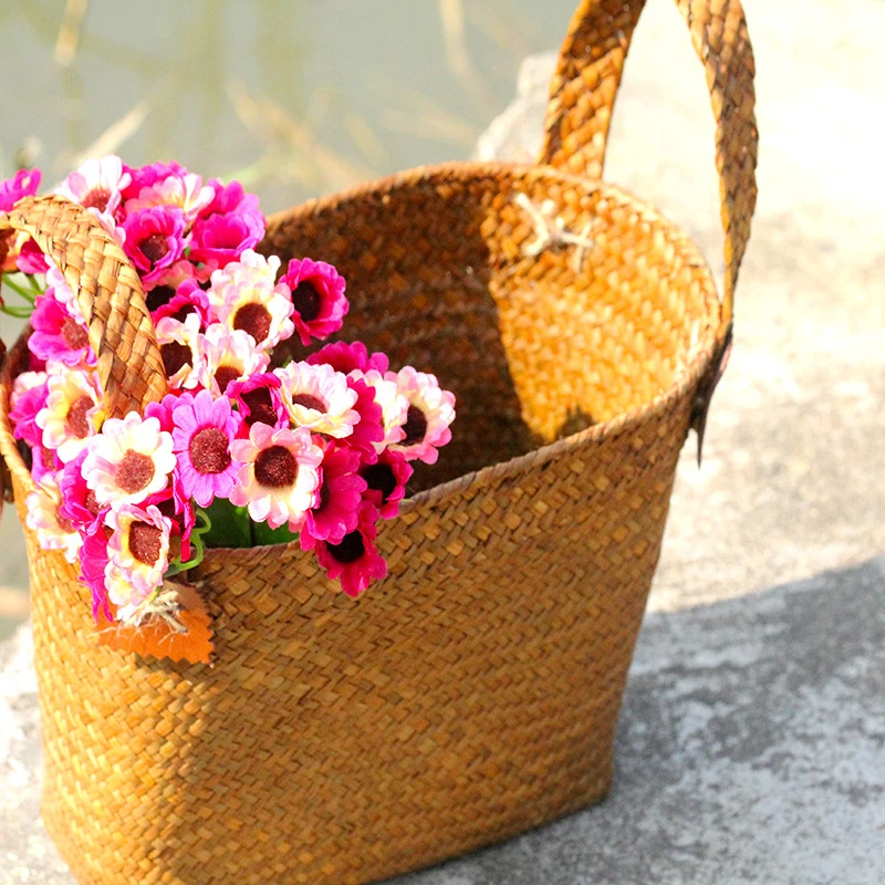 Natural Round Straw Basket Bin Handmade with Handgrip Orange 33X21X26cm