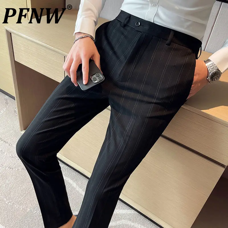 PFNW Smart Casual Striped Clothes Autumn Winter New Button Men's Slim Fit Business Large Trousers Classic Black Gray Pants Z0015 
PFNW Smart Casual Striped Clothes Autumn Winter New Button Men's Slim Fit Business Large Trousers Classic Black Gray Pants Z0015
