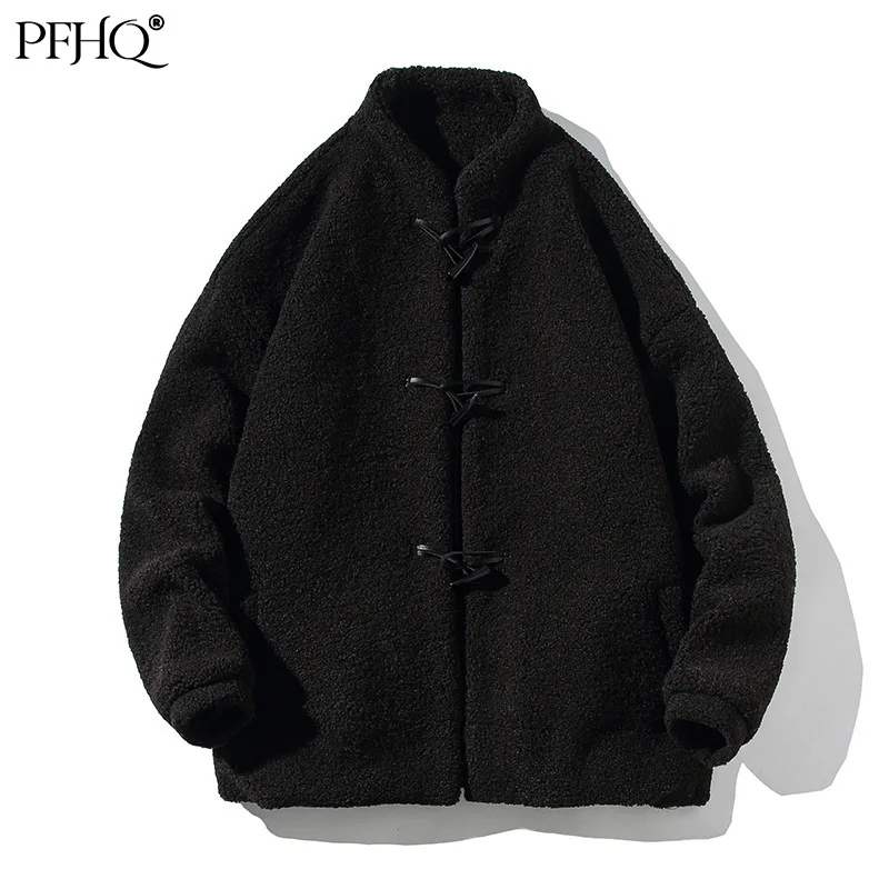

PFHQ 2021 Autumn Winter New Male Lamb Fur Fashion Jacket Stand Collar Horn Buckle Small Fragrance Couple Cotton Jacket 21E5421