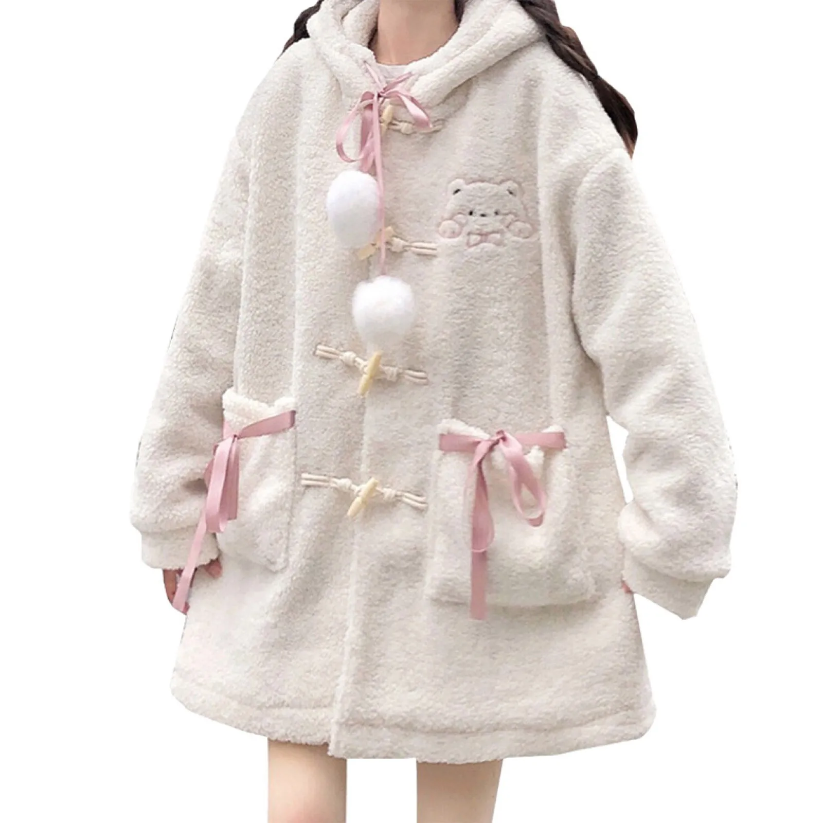Fashion Cute Bear Women's Plush Hooded Coat Embroidery Long Sleeve Loose Wool Cardigan Pockets Buttons Down Winter Warm Coat 
Fashion Cute Bear Women's Plush Hooded Coat Embroidery Long Sleeve Loose Wool Cardigan Pockets Buttons Down Winter Warm Coat